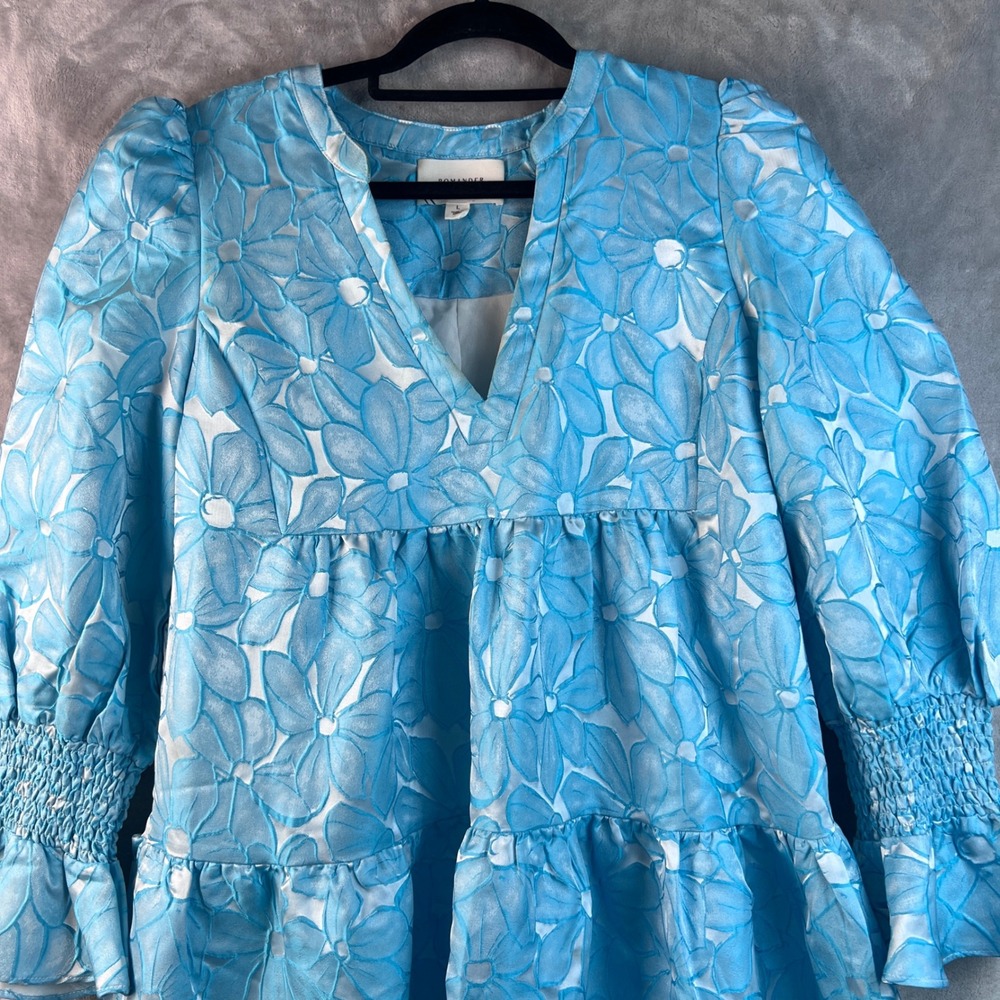 Pomander Place Dress Blue Floral Jacquard Tiered Babydoll Mini Y23363T Large - Picture 6 of 9